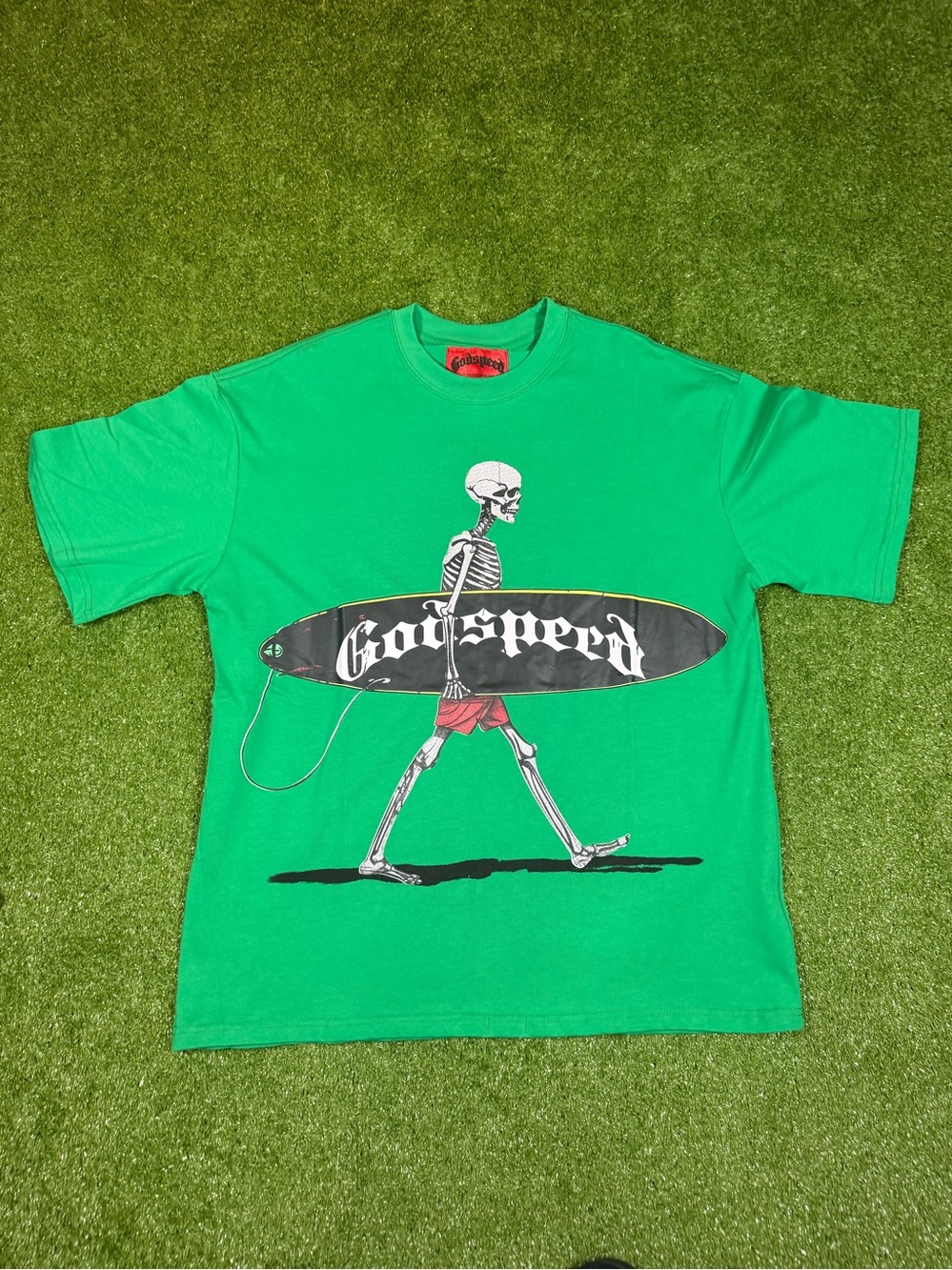 Godspeed Green Skeleton Surf Graphic Tee size Large